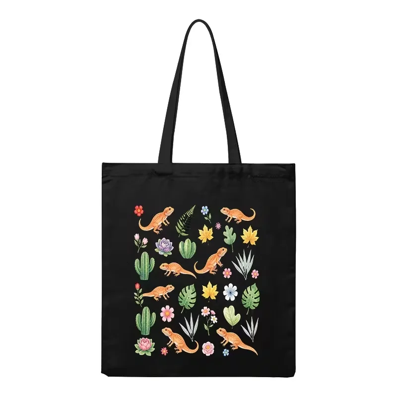 Watercolor Bearded Dragon Cactus Floral Print Canvas Tote Bag Reptile Lover Reusable Shoulder Bag For Daily