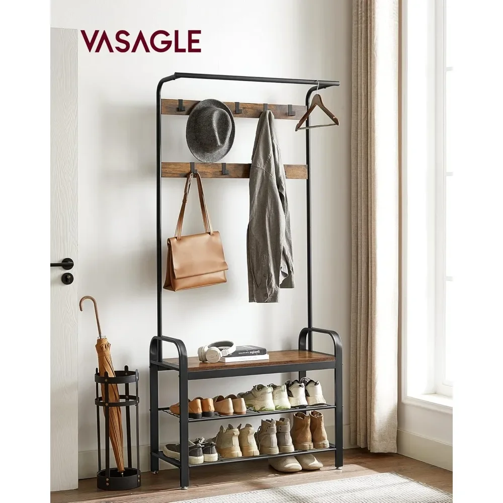 Entryway Bench with Coat Rack, 4-in-1, with 9 Removable Hooks, a Hanging Rod, 13.3 x 33.1 x 72.1 Inches