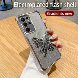 Shockproof Glitter 3D Butterfly Holder Stand Phone Case For Samsung S25 S24 S23 S22 S21 S20 FE Note 20 Ultra Plus Plating Cover