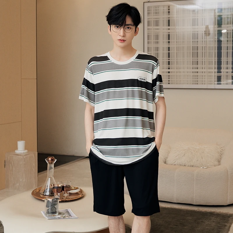 

Summer 2024 Thin New Silk Cotton Double Short Set Large Men's Pajamas Short Sleeve Shorts Casual Stripe Junior Pajamas Men