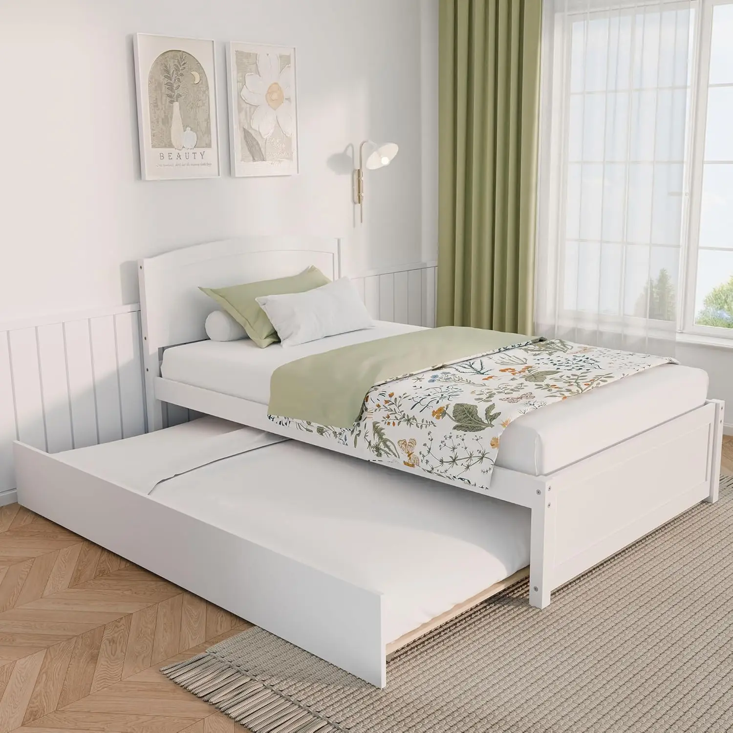 Trundle Bed Twin, Solid Wood Frames with Headboard and Wooden Slats Support, Twin Trundle Frame Roll Out, Single Box Bed