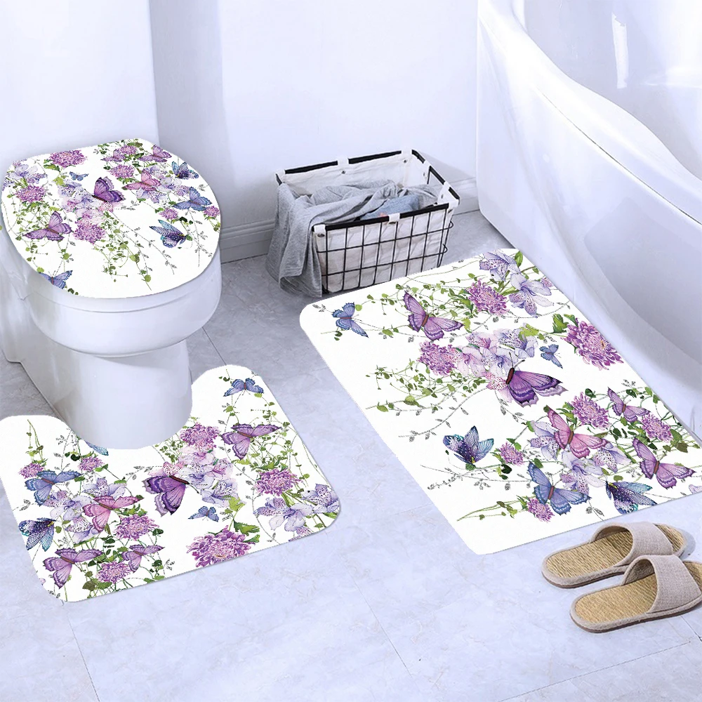 Purple Flower Butterfly Printed Waterproof Bathroom Shower Curtain Set Non-Slip Bath Mat Rug Sets Toilet Cover Bathroom Decor