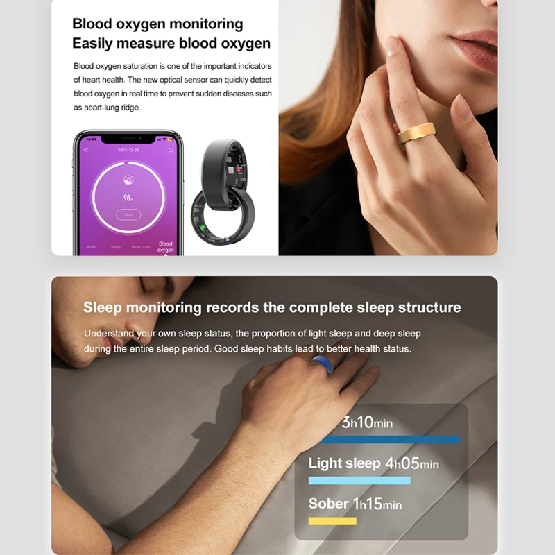 Tracker sanitario 3ATM Smart Ring Localizzatore di attività fitness multimodale per donna e uomo con registratore di monitoraggio della salute del sonno della frequenza cardiaca