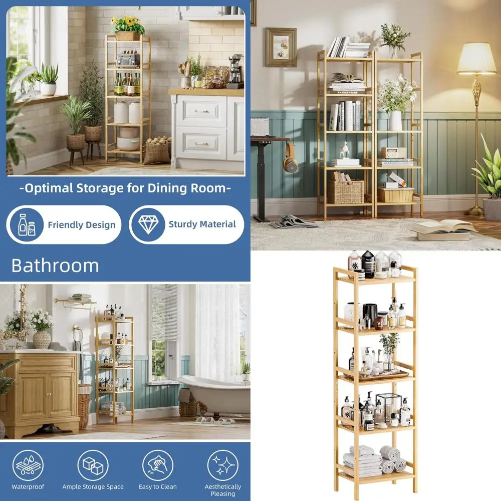 

5-Tier Bamboo Bookshelf for Compact Spaces: Adjustable, Floor-Standing Storage Organizer