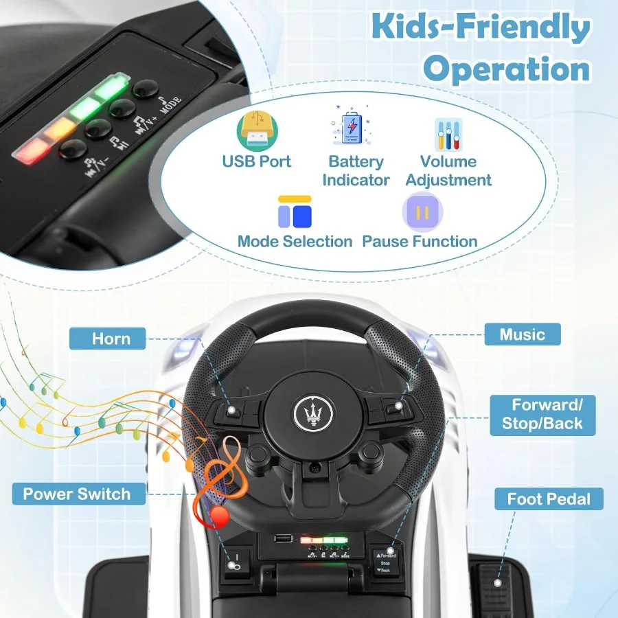 Maserati 6V Autko na Baterie 2 w 1, Prowadzone Nożami i Elektrycznie, dla Niemowląt, z Klaksonem, Muzyką, Światłami, Siedziskiem i Schowkiem na Baterie