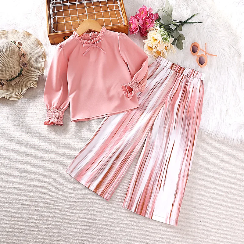 New Spring Autumn Kids Girls Clothes Sets 4-7 Years Little Girl Pink Long Sleeve Top&Pink And White Pants Korean Style Casual