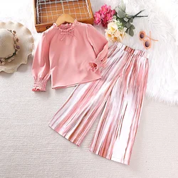 New Spring Autumn Kids Girls Clothes Sets 4-7 Years Little Girl Pink Long Sleeve Top&Pink And White Pants Korean Style Casual