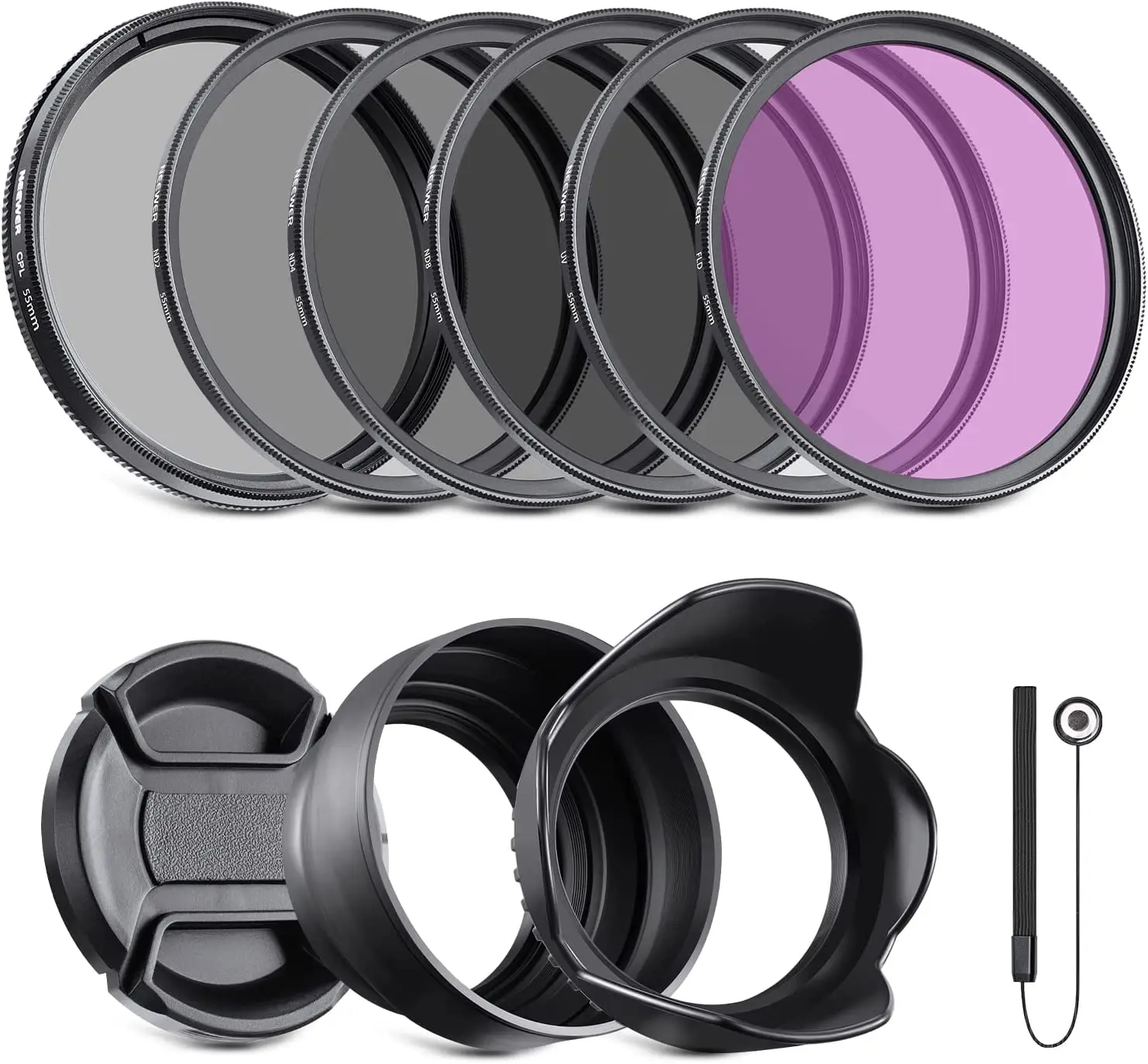 

NEEWER 55mm Professional Lens Filter Kit: UV CPL FLD, ND2 ND4 ND8, Lens Hood, Lens Cap, Neutral Density Filter and Accessory Kit