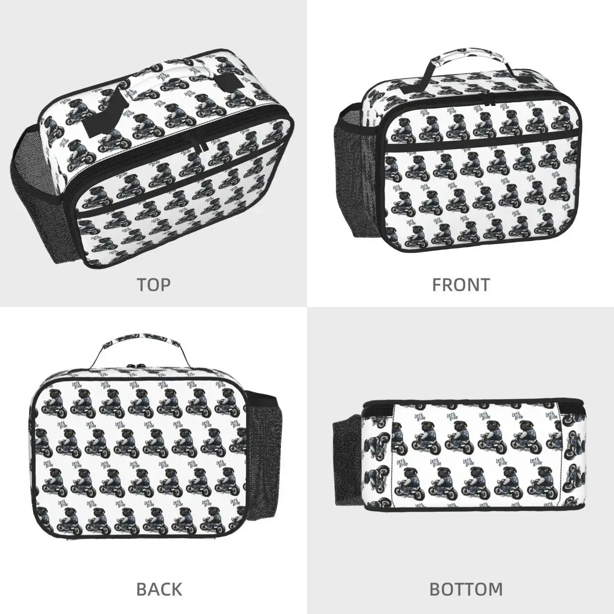 Let's Ride Motorcycle Big Bike Black Pug Dog Insulated Lunch Bag for Kids School Cooler Thermal Food Box Tote  Lunch Boxes