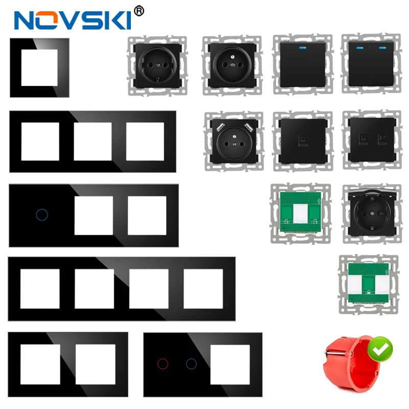 Novski Toughened glass panel led light switch, European and French wall plug, USB, TV, RJ45, RJ11, DIY sensor switch module