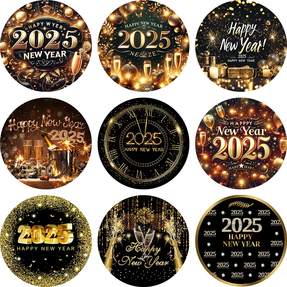 سنة جديدة سعيدة 2025 خلفية مستديرة بريق الألعاب النارية ساعة الشمبانيا ليلة رأس السنة عيد الميلاد الأسرة حفلة صور خلفية ديكور