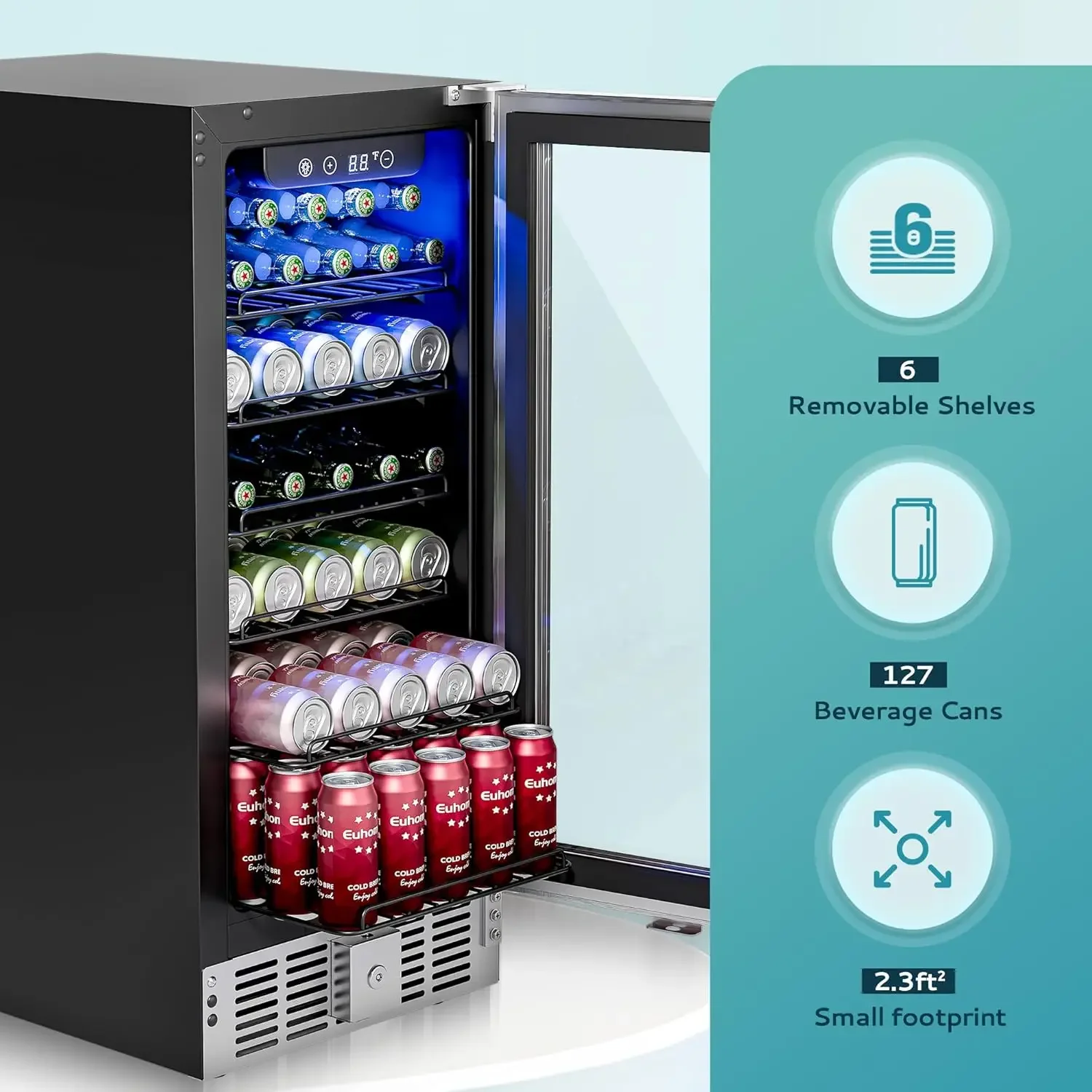 15 "ตู้เย็นเครื่องดื่มคูลเลอร์ใต้เคาน์เตอร์ 125 กระป๋องตู้เย็นเครื่องดื่มในตัวพร้อมประตูกระจก, ไฟ LED, ตู้เย็นเบียร์