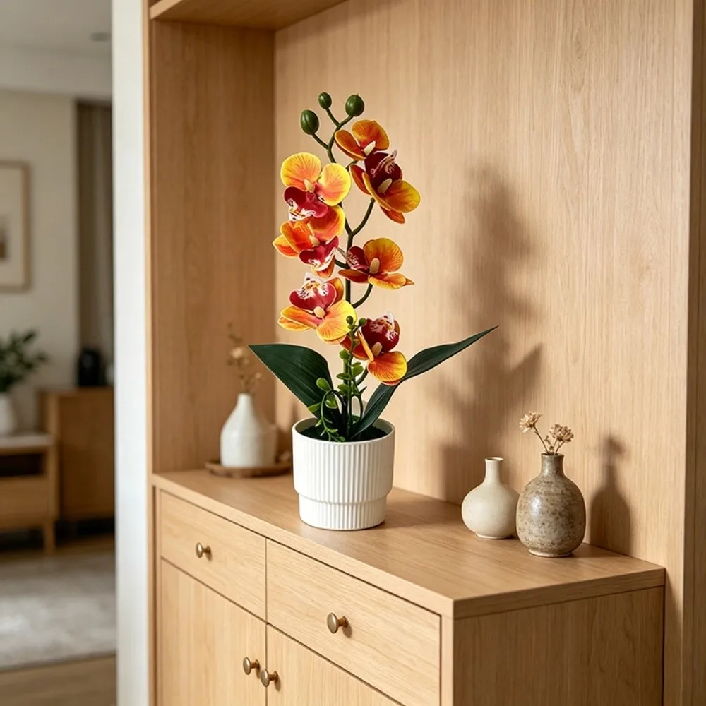 7 Heads Artificial Orchid Potted Flower Pink with White Pot Simulated Flower Butterfly Orchid Potted Multi-Bloom Plastic