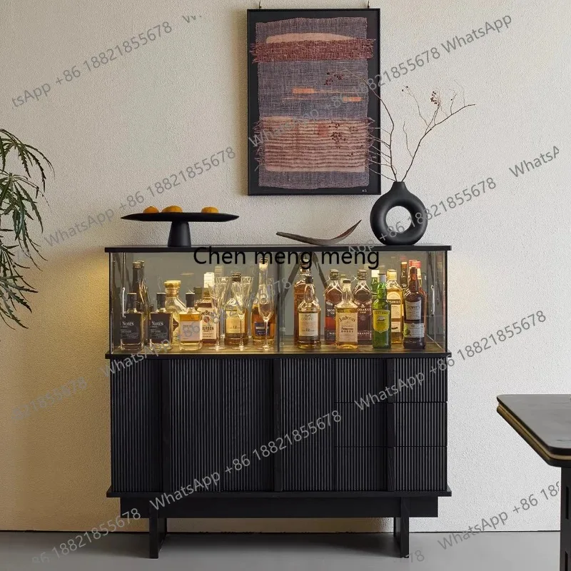RR Solid wood glass wine cabinet living room against the wall black storage retro display storage side cabinet