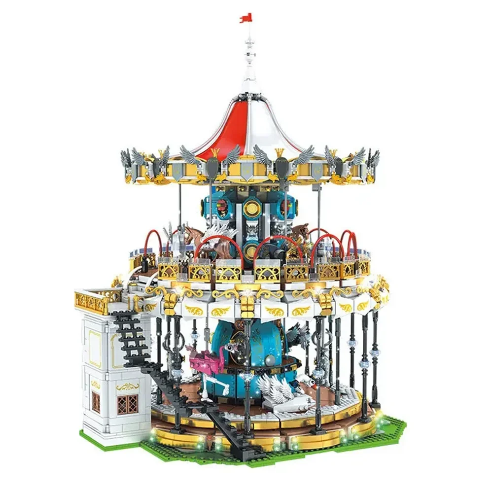 MOC 11011 Amusement Park Carousel With Motor Building Blocks Set Rotatable Lighting Bricks DIY Toys For Children Christmas Gift