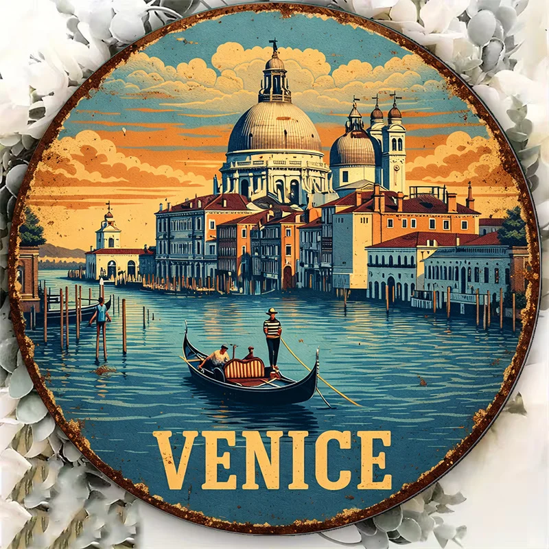 2D Flat - 1pc 8*8In/20X20Cm 2D Flat Round Sign, Venice Scenery Retro Plaque, Italian Gondola Boat Theme Decorative Sign, Suitabl