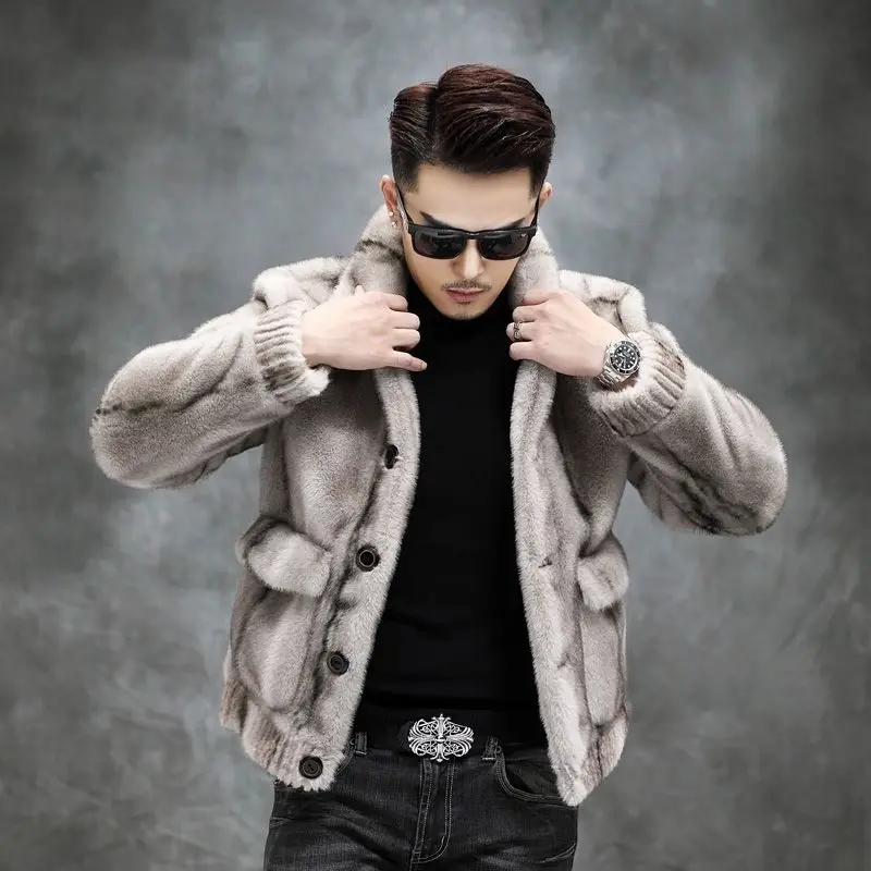 Winter New Men Mink Coat Male Double-Sided Wear Fashion Solid Color Short Fur Striped Outwear Thickened Warm Casual Outcoat