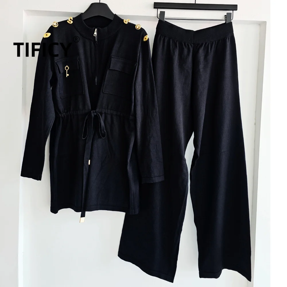 High Street 2pcs Set Women's Metal Buckle Double Pocket Waist Cinched Long Sleeved Sweater Jacket and Long Pants Autumn Suit