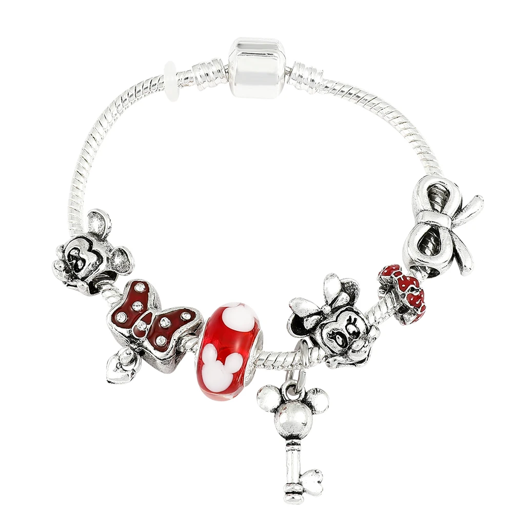 Mickey Minnie Charm Bracelets Silver Color Heart Cartoon Bead Jewelry for Women Girl Gift