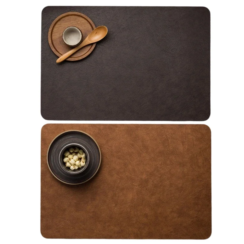 Inyahome Light Luxury Solid Leather 1/4/6 PCS Placemat and Coaster Coffee Brown Table Mat Waterproof Plate Bowl Pad Table Decor