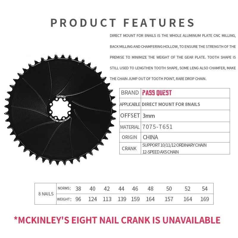 PASS QUEST 3mm Offset 8 Stud Road Bike Narrow Wide Chainring 38-54T Chainring for Sram ETAP AXS 12s FORCE RED Crank