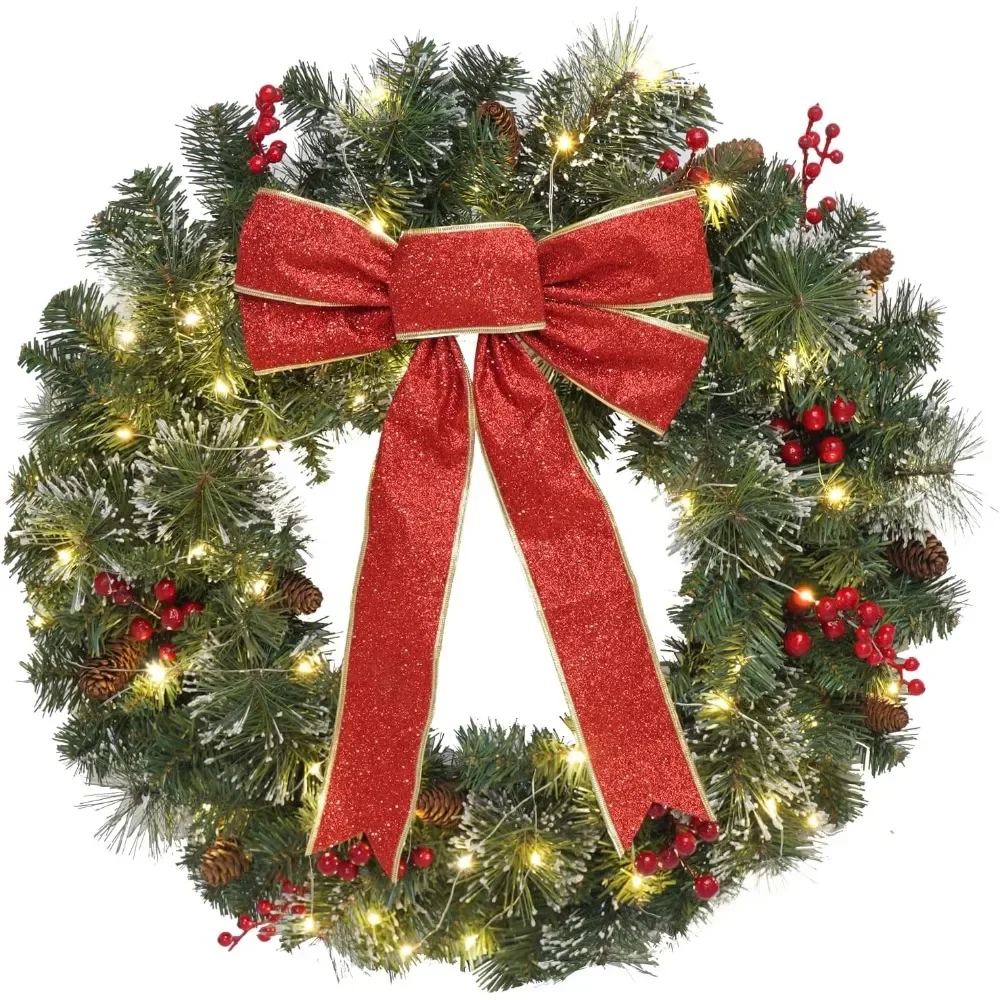 

24 Inch Pre-Lit Christmas Wreath - Outdoor Front Door Decor with 55 Battery Operated White Lights