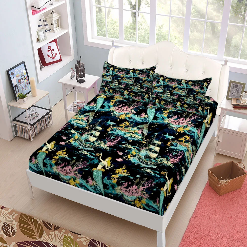 Retro Dragons Mermaids Fitted Sheet