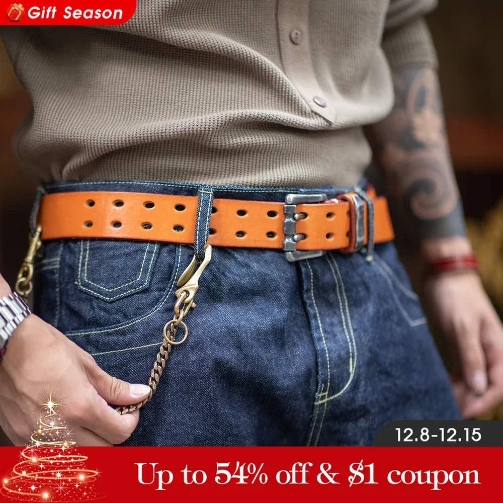 Maden Vintage Top Layer Cowhide Belt Vegetable Tanned Solid Color with  Double Pin Buckle Jeans Belt for Men\'s Daily Life