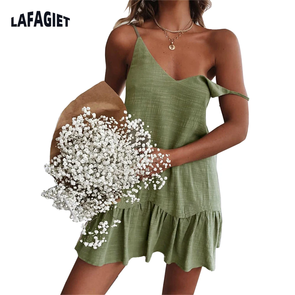 แฟชั่นสลิง V คอชุดผู้หญิง Causal ผ้าฝ้ายผ้าลินิน Vintage ชุดราตรีเซ็กซี่ Sundress