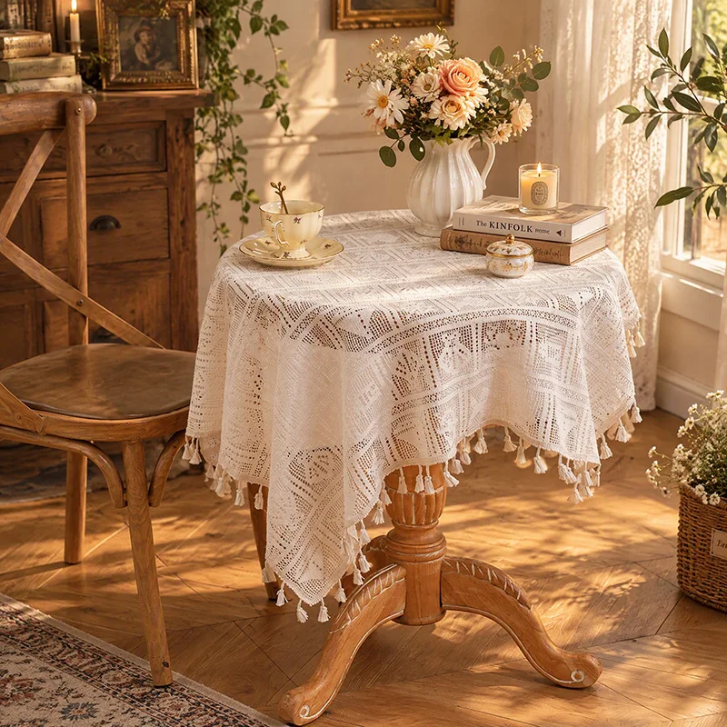 Vintage Lace Hollow Tablecloth, Crochet Round Table Cover for Coffee Table Nightstand Sofa Fridge, Pastoral Style Dust Cover Mat