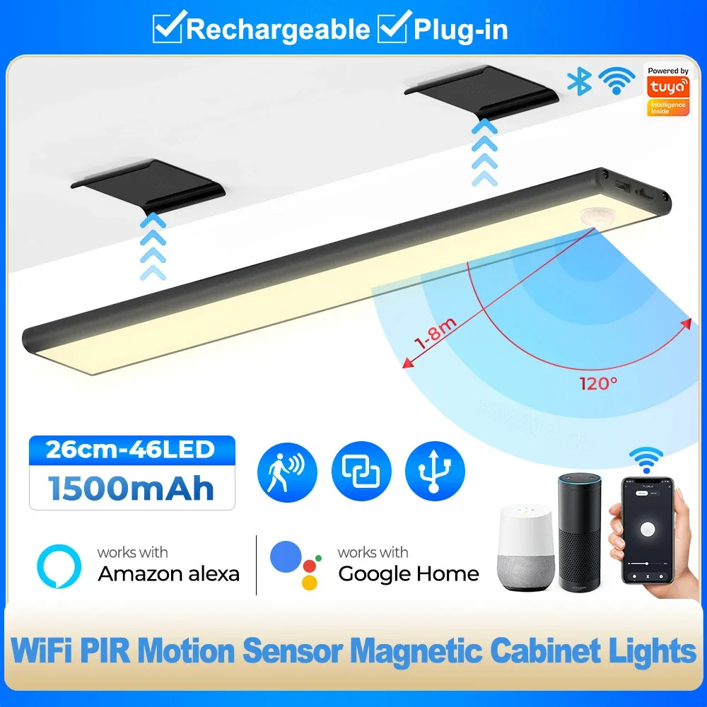 Smart Sensor Night Light Rechargeable Tuya WiFi APP Control Cabinet Light Magnetic 26cm Wall Lamp 120° Induction Works Light Bar