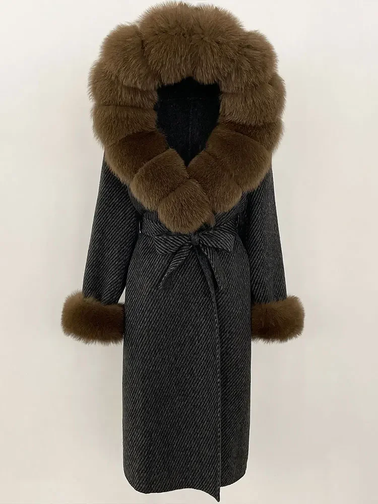 Manteau à capuche en laine mélanges de laine Double face pour femme, vêtement épais et chaud, avec col en vraie fourrure de renard naturelle, automne et hiver