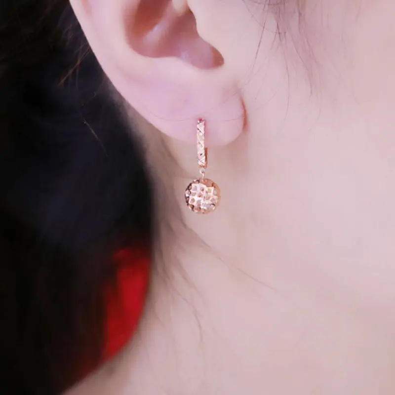 585 Purple Gold earrings for women New Classic Fashion 14K Rose Gold Shiny Round Hollow Out Dinner Party Jewelry Gift