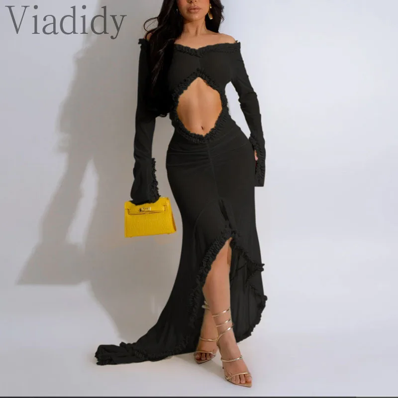 Women Sexy Solid Color See Through Sheer Mesh Flare Sleeve Deep V Neck Ruffles Trim Off Shoulder Maxi Dress