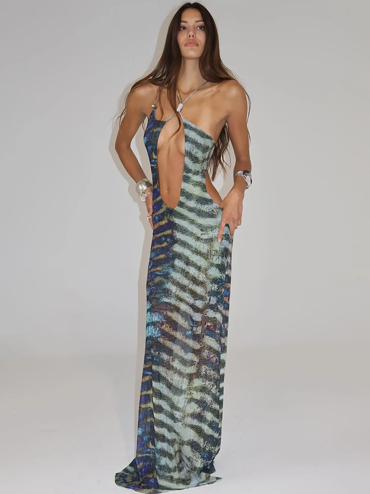 Cutenew Vintage ผู้หญิงที่สวยงามชุดเซ็กซี่ร้อนใหม่ Halter Slash คอ Hollow Out ตรง Maxi Bodycon Mujer Y2K น่าสนใจ Frock