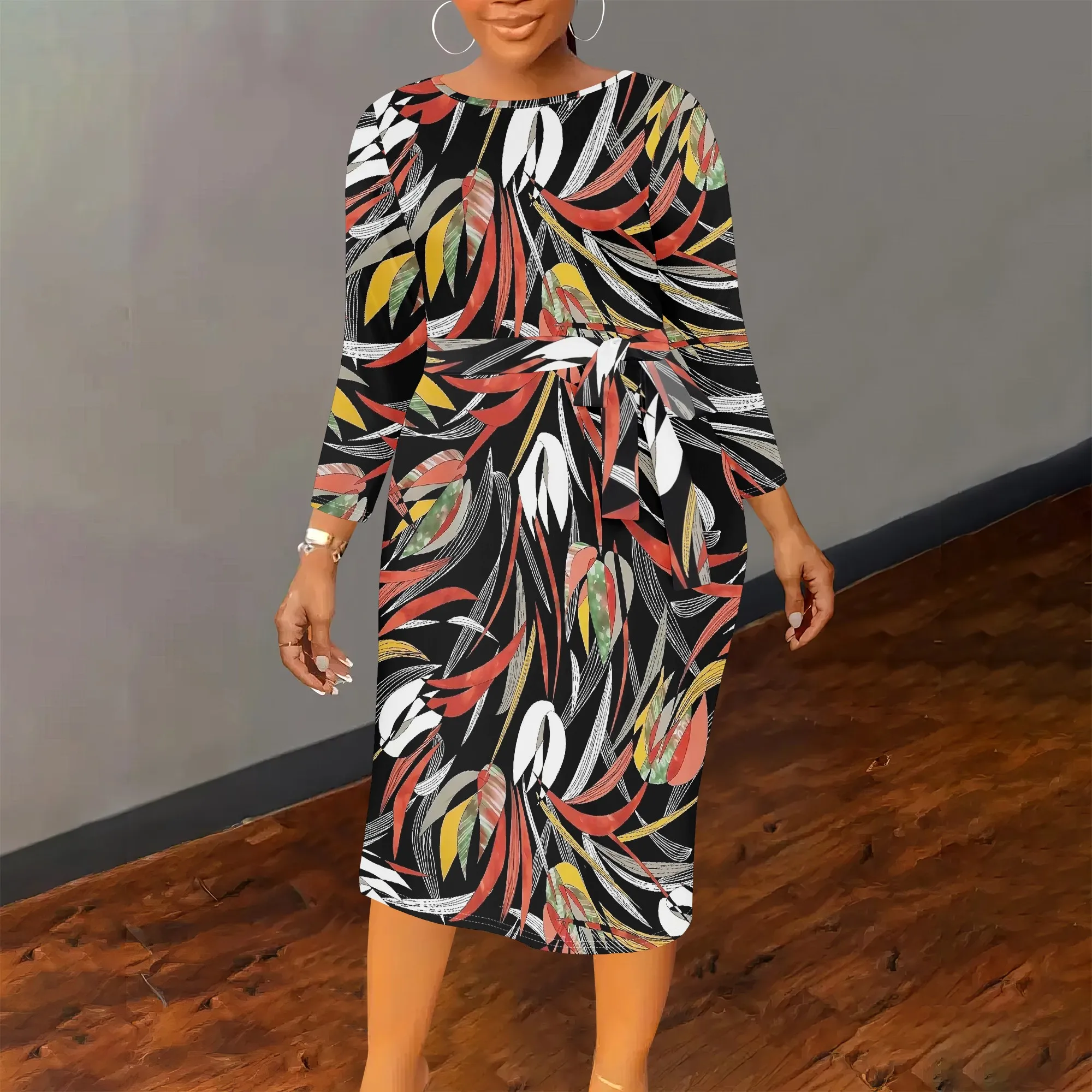 

Plus Size Women's Summerl Flower Print Fall Fashion Printed Long-sleeved Crew Round Neck Causl Dress With Belt