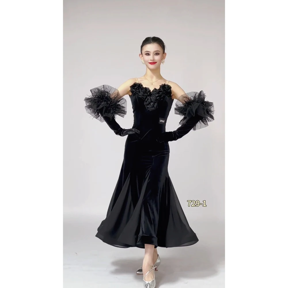 2025 Ballroom Dance Dress Women Black Competition Dress Adult Waltz Dance Performance Clothes Flower Velvet Long Dress BL14737