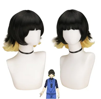 Anime Blue Lock Bachira Meguru Cosplay Wig Black Yellow Hair Bowl Cut Team Z No.8 Football Player Bob Halloween Accessory Men