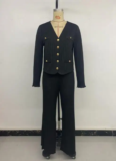 طقم مكون من قطعتين ملابس نسائية لربيع وخريف 2025 جديد بلون سادة سترة أنيقة غير رسمية بسيطة ومجموعة سراويل واسعة الساق غير رسمية