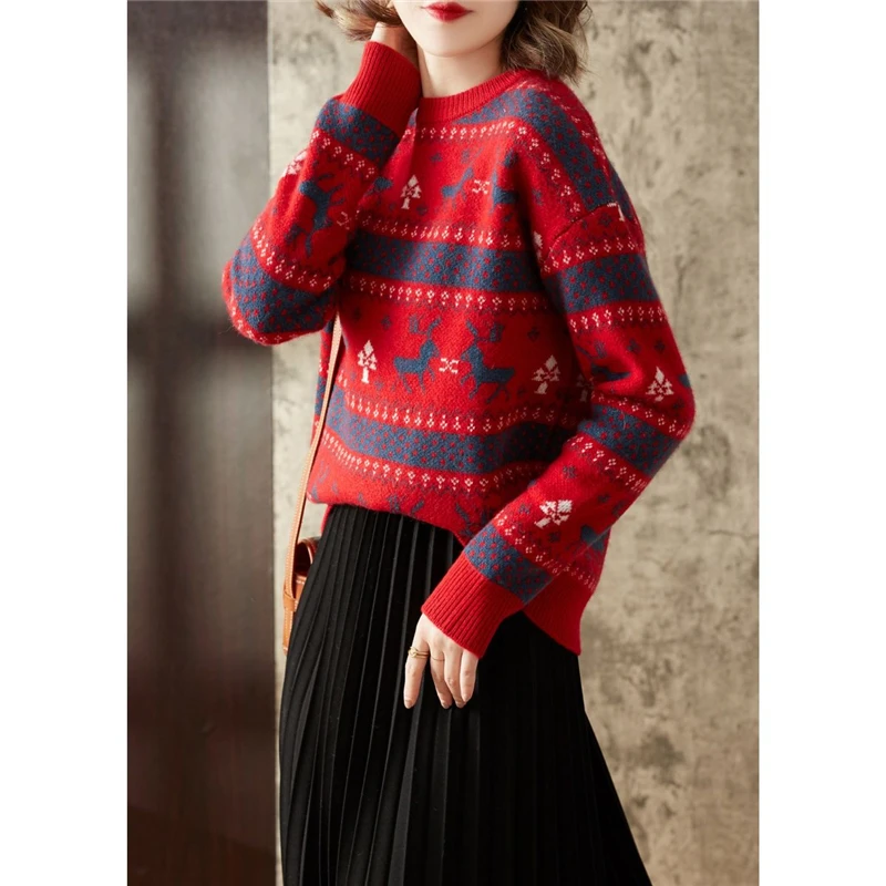 Retro Christmas New Year Elk Jacquard Simple Round Neck Knitted Sweater Women Casual Long Sleeve Slim Pullover Top Female Jumper