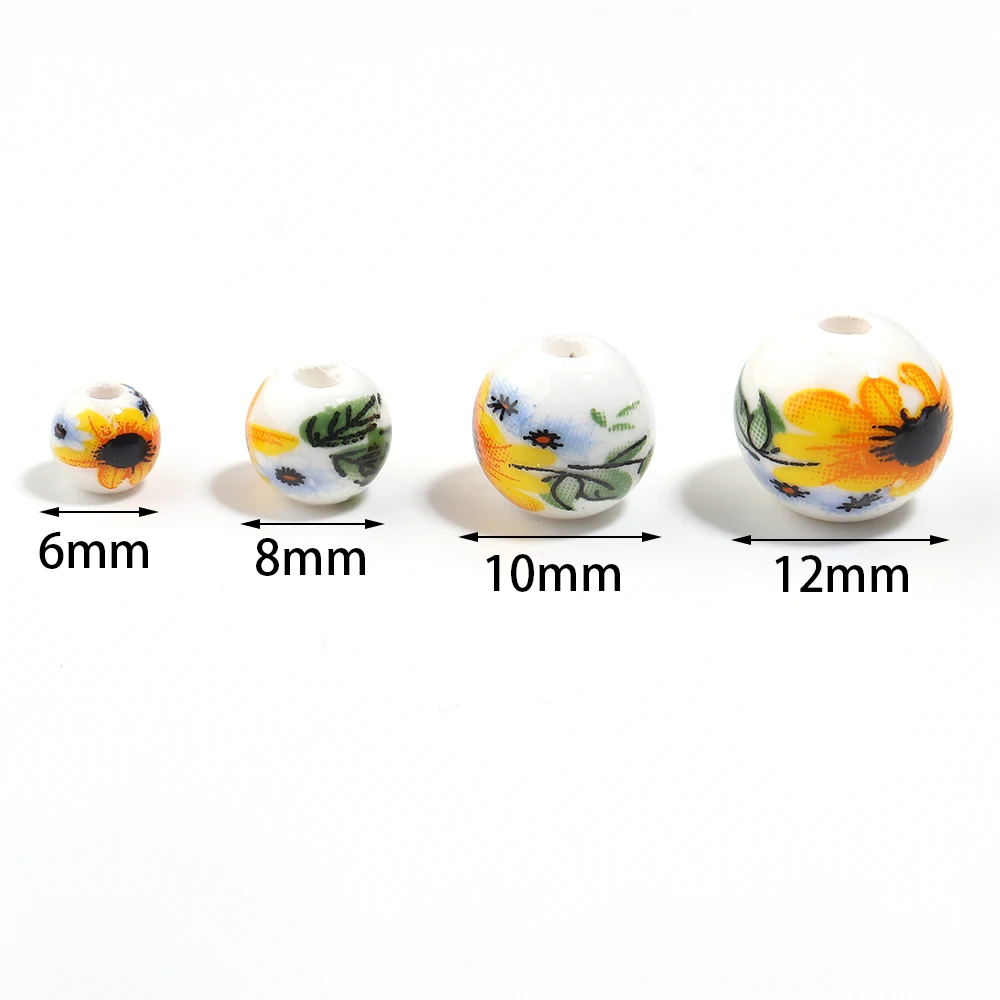 20-30pcs 6 8 10 12mm Flower Ceramic Beads Yellow Sunflower Loose Porcelain Beads For Jewelry Making DIY Bracelet Accessories
