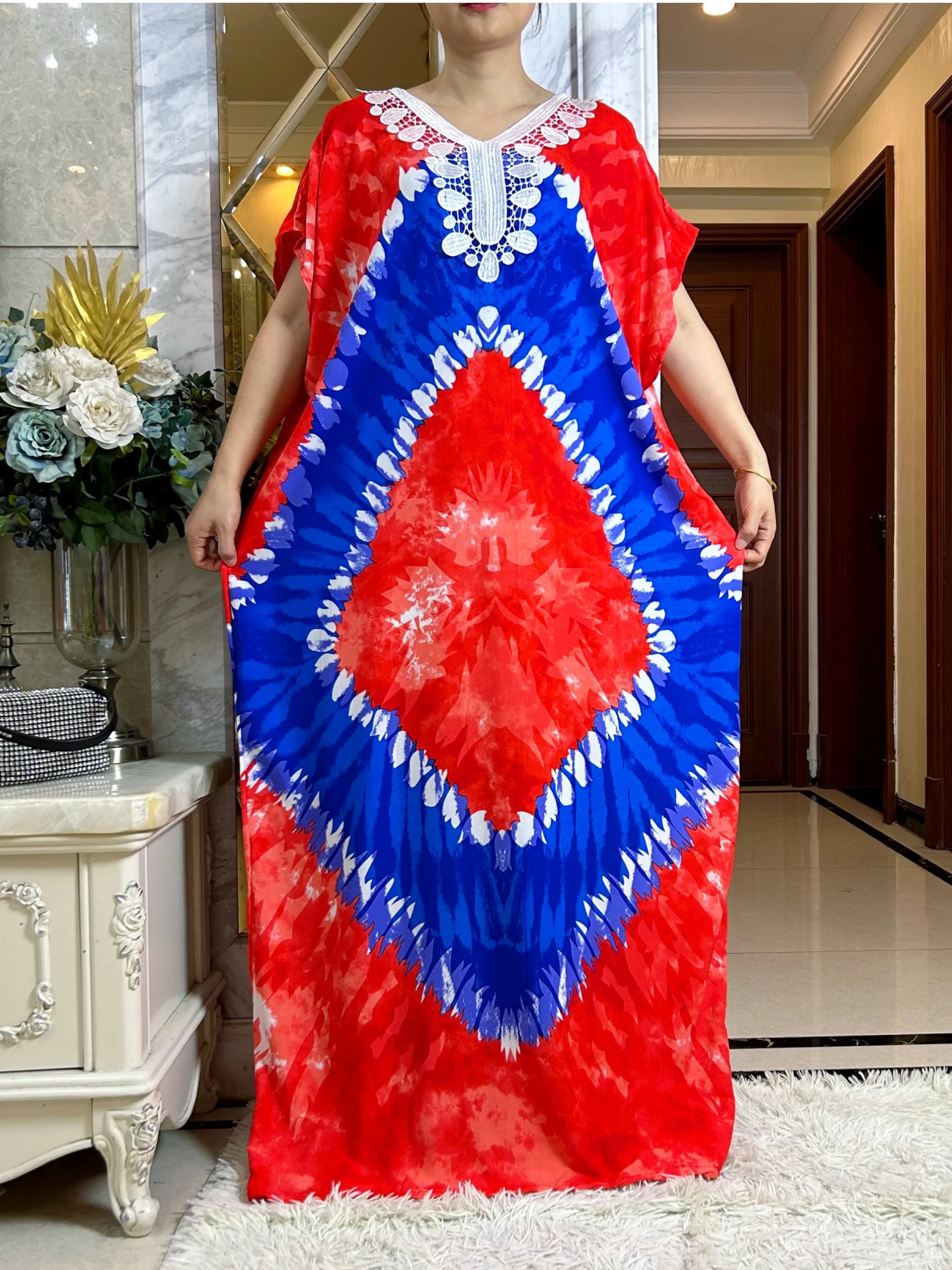 

2024New Women Summer Dress Solid Cotton Short Sleeve Loose Maxi Robe Floral Femme Musulmane African Dashiki Printed Floral Dress