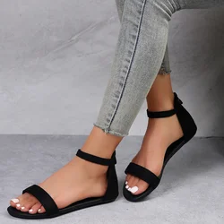 Women Simplicity Flat Sandals Solid Color Double Broadband Fish Mouth Peep Toe Summer Shoes Back Cutout Zipper Elegant