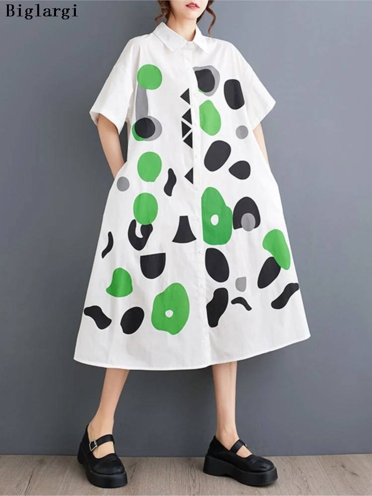 

Oversized Summer Shirt Dress Women Graffiti Print Irregular Fashion Ladies Shirts Dresses Loose Ruffle Casual Woman A-Line Dress