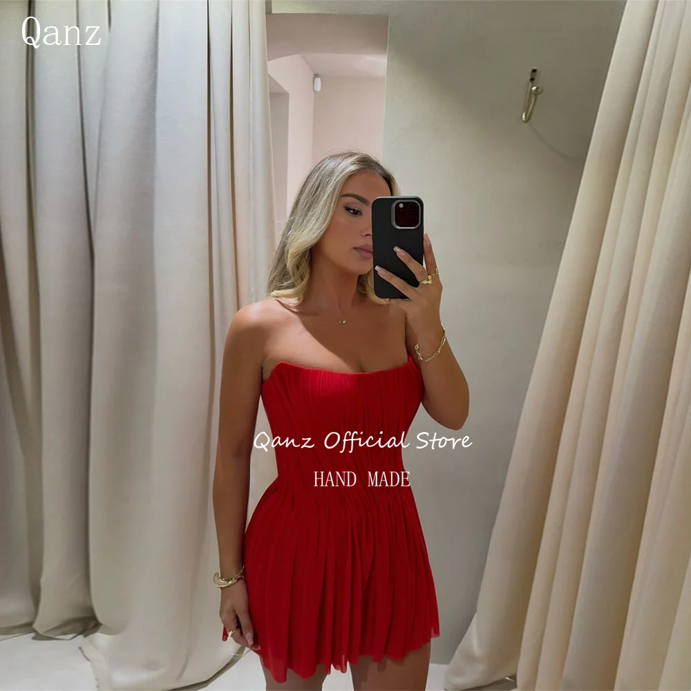 

Qanz Red Chiffon Prom Dresses Mini A Line Pleat Strapless Vestidos Para Eventos Especiales Sexy Birthday Dress Customized