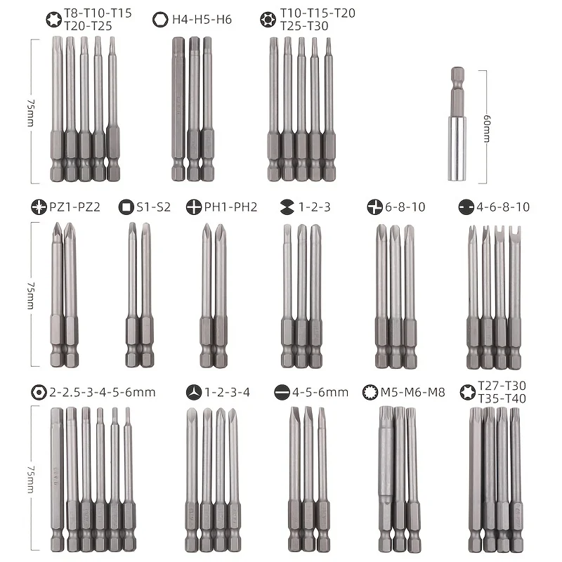 36/50pcs Magnetic Screwdriver Bit set - Extra Long 75mm Safety Bits for h1/4 Screwdrivers - Torx, Star, Hex & Spline Bits