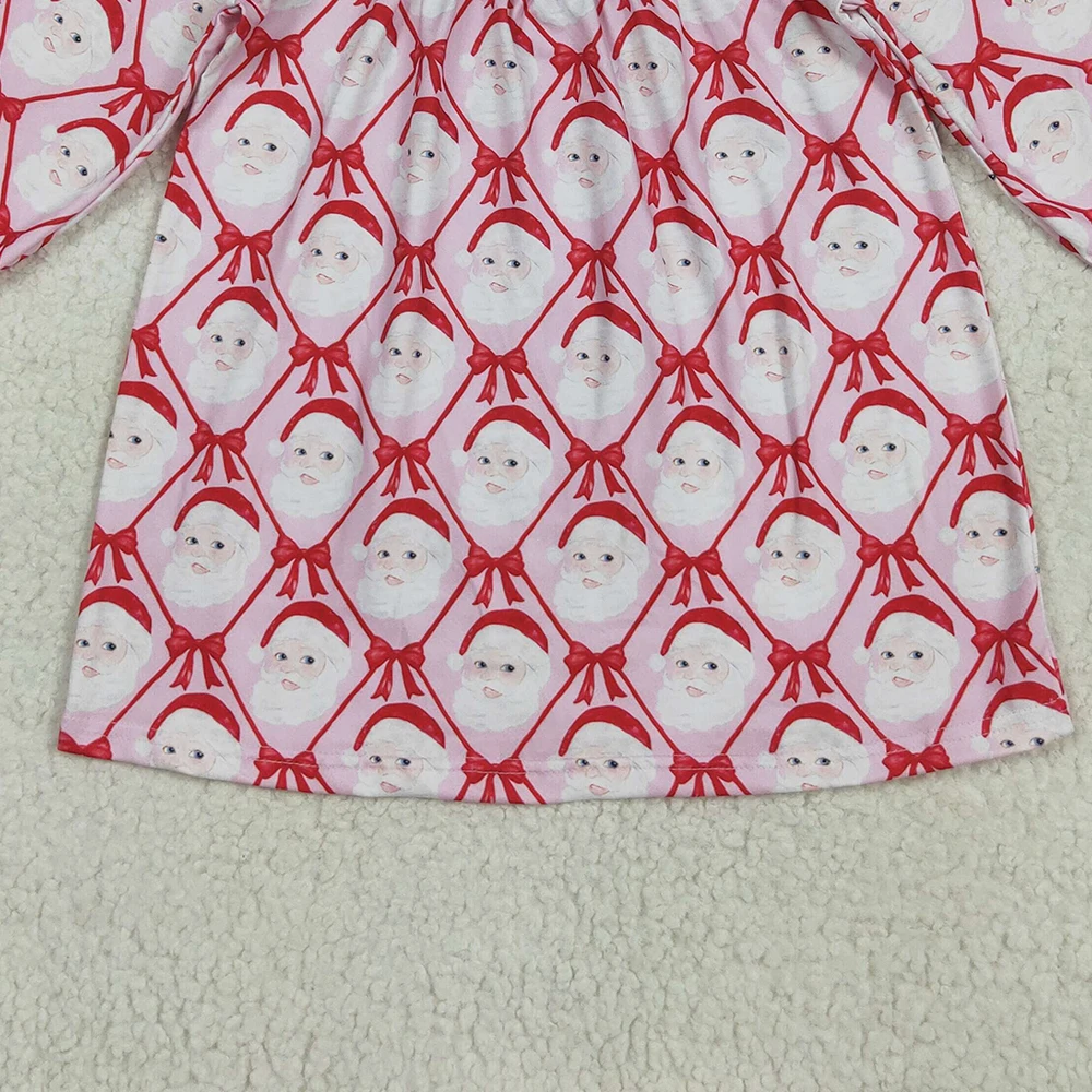 فستان للفتيات الصغيرات لعيد الميلاد منقوش بطول الركبة وردي بأكمام طويلة وتفاصيل فيونكة سانتا فستان عطلة للأطفال منقوش باللون الأحمر #4