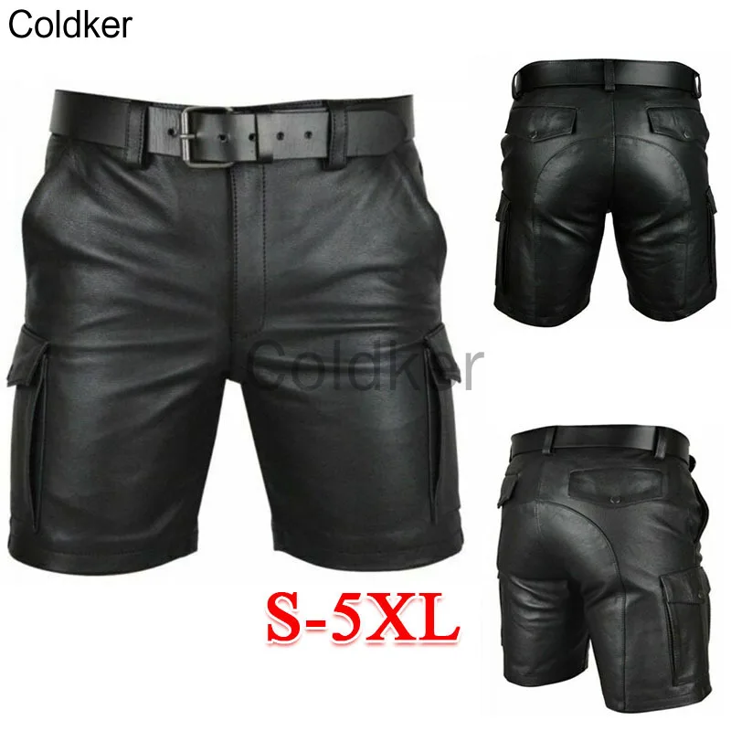 Summer Streetwear Trend Men PU Faux Leather Shorts with Pockets Nightclub Wear Casual Fashion Shorts Medieval Punk Costumes 5XL