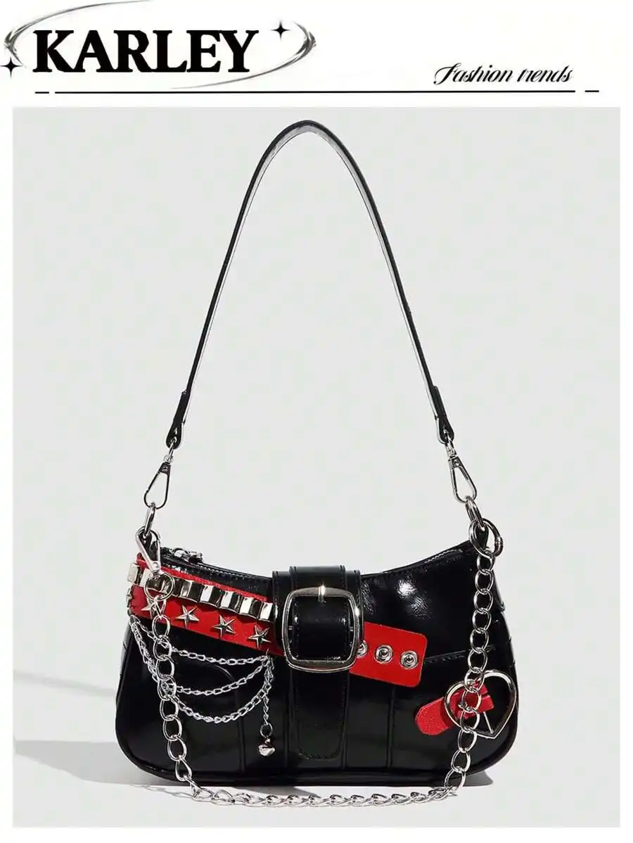 

Glossy Black Crescent Moon Bag with Red Belt Strap and Metal Chain Detail