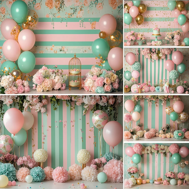 

LS Photography Background Striped Wall Floral Balloon Decoration Kids Birthday Party Cake Smash Backdrop Photo Studio